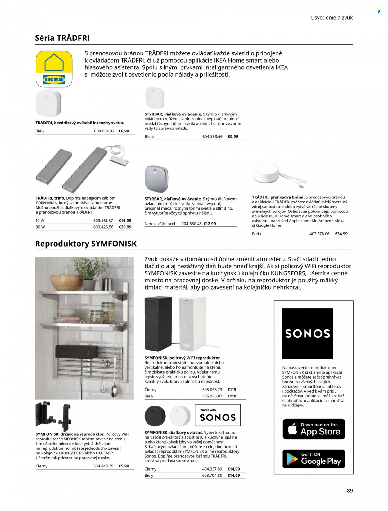 Leták IKEA - Produkty v akcii - Apple, reproduktor, Symfonisk, diaľkové ovládanie, svietidlo. Strana 89.