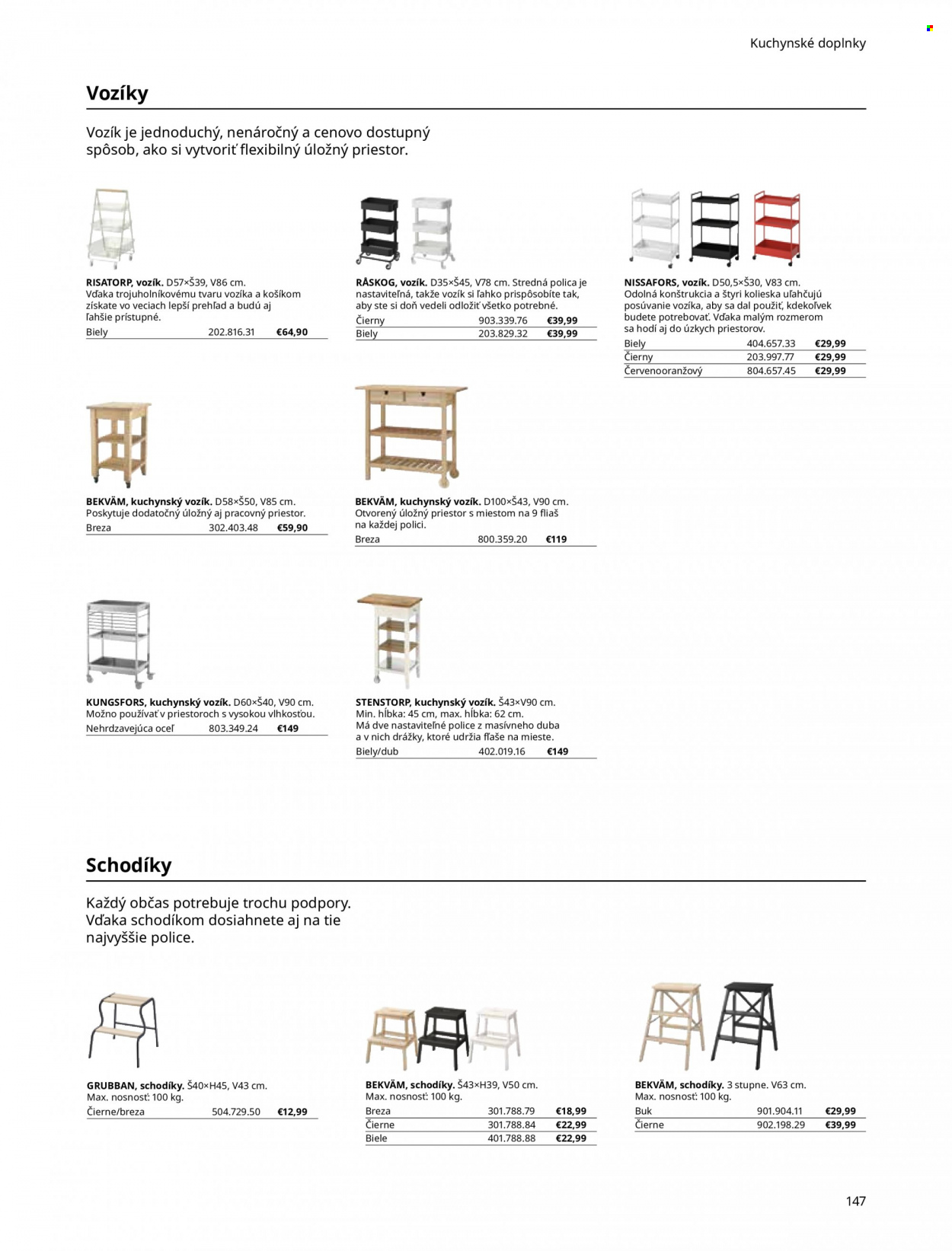 Leták IKEA - Produkty v akcii - kuchynský vozík, hliníkové schodíky. Strana 147.