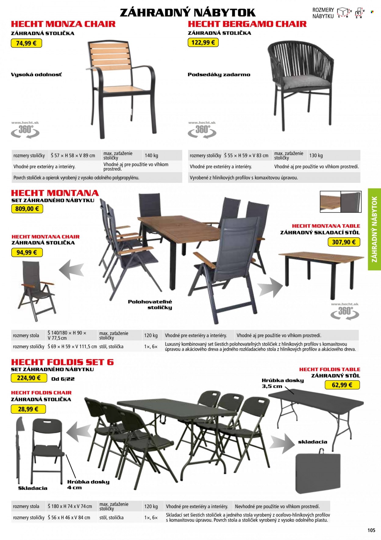 Leták Hecht - 1.6.2022 - 28.2.2023 - Produkty v akcii - Hecht, zahradný nábytok, stôl, záhradný stôl, stolička, záhradná stolička. Strana 105.