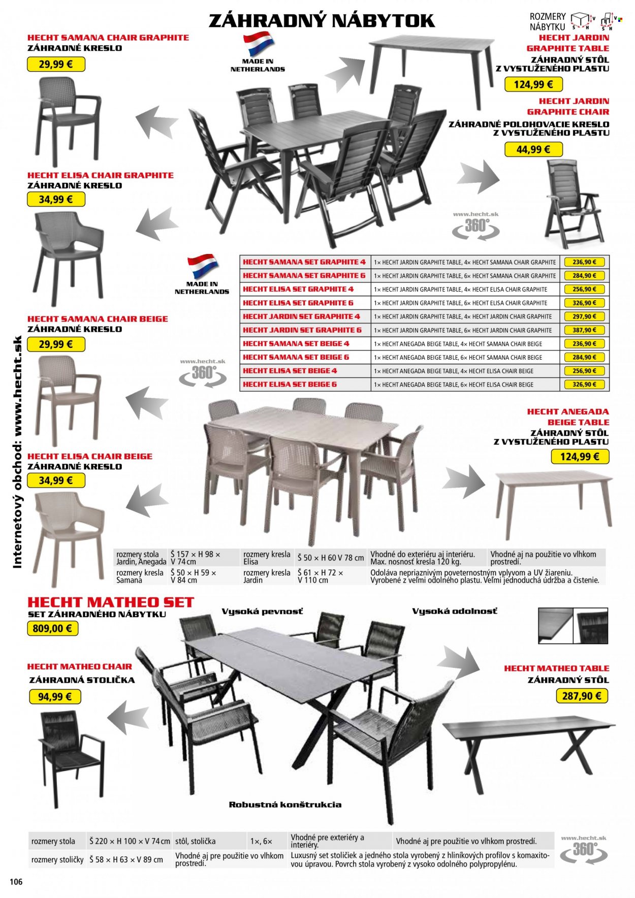 Leták Hecht - 1.6.2022 - 28.2.2023 - Produkty v akcii - Hecht, zahradný nábytok, stôl, záhradný stôl, stolička, kreslo, polohovacie kreslo, záhradná stolička. Strana 106.