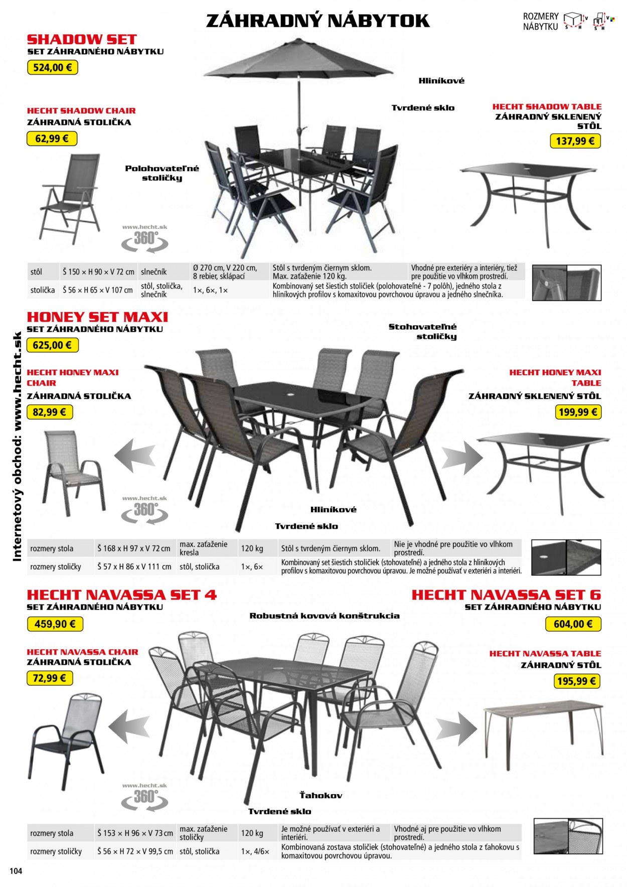 Leták Hecht - 14.8.2022 - 28.2.2023 - Produkty v akcii - Hecht, zahradný nábytok, stôl, záhradný stôl, stolička, kreslo, záhradná stolička, slnečník. Strana 104.