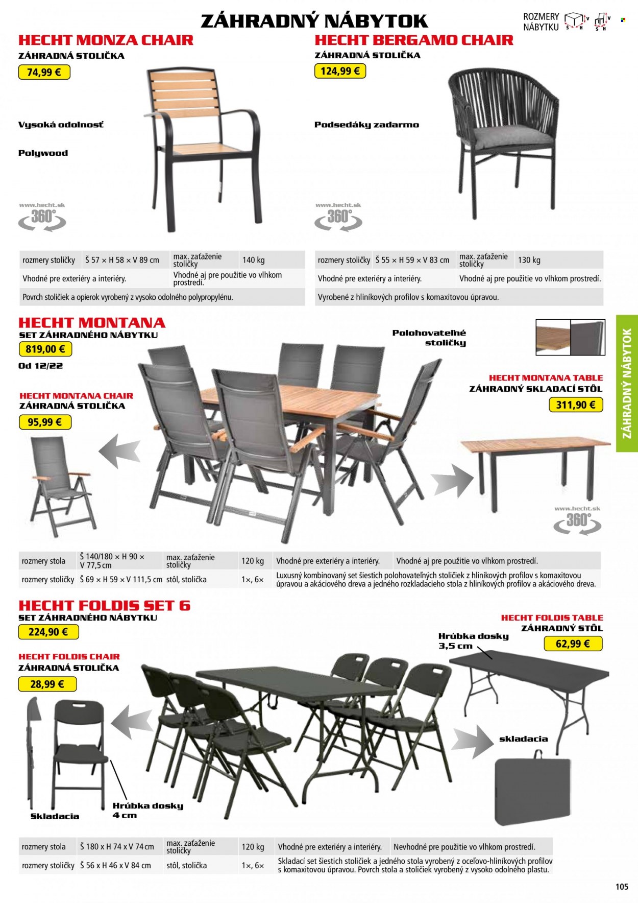 Leták Hecht - 14.8.2022 - 28.2.2023 - Produkty v akcii - Hecht, zahradný nábytok, stôl, záhradný stôl, stolička, záhradná stolička. Strana 105.