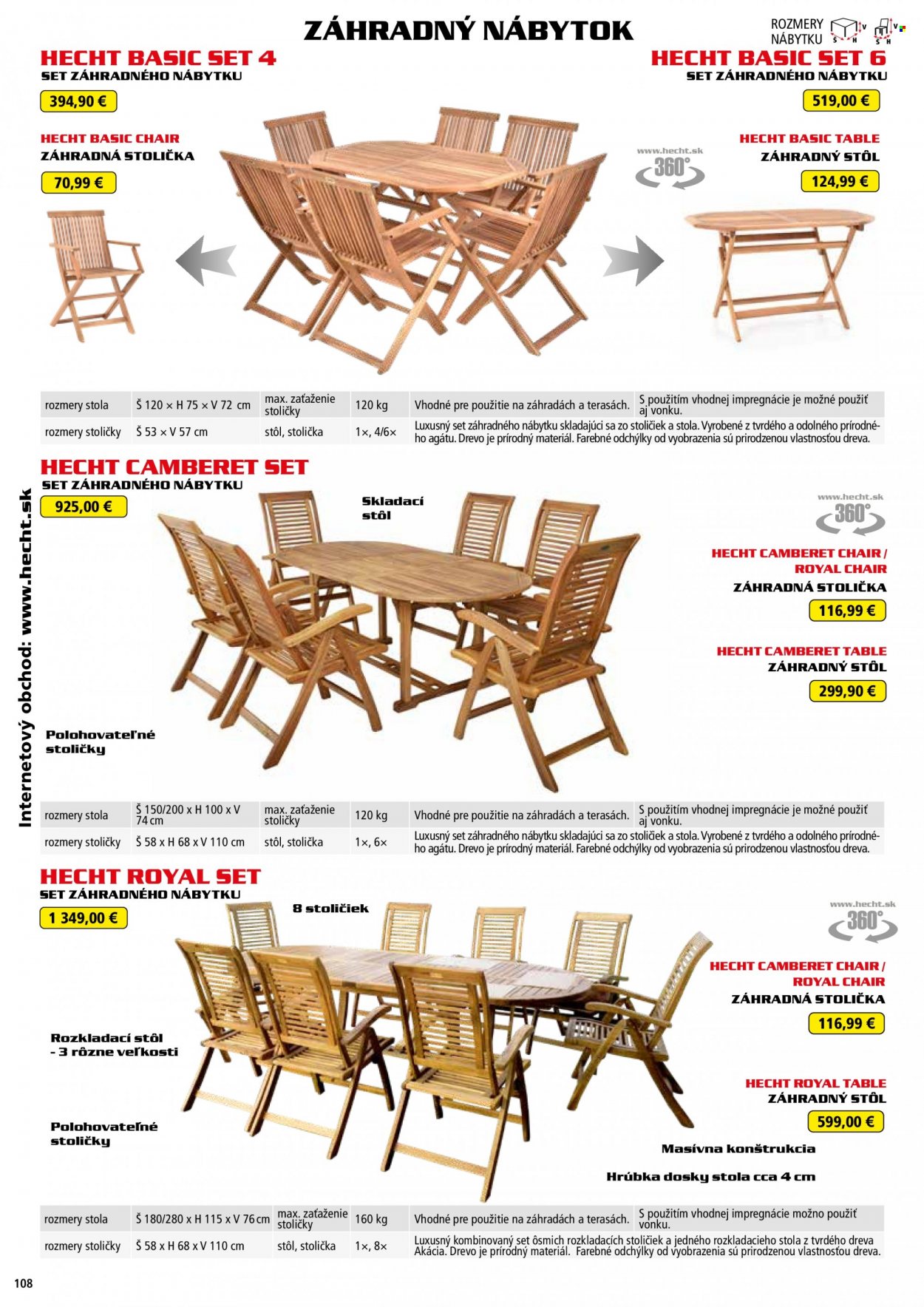 Leták Hecht - 14.8.2022 - 28.2.2023 - Produkty v akcii - Hecht, zahradný nábytok, stôl, záhradný stôl, stolička, záhradná stolička. Strana 108.