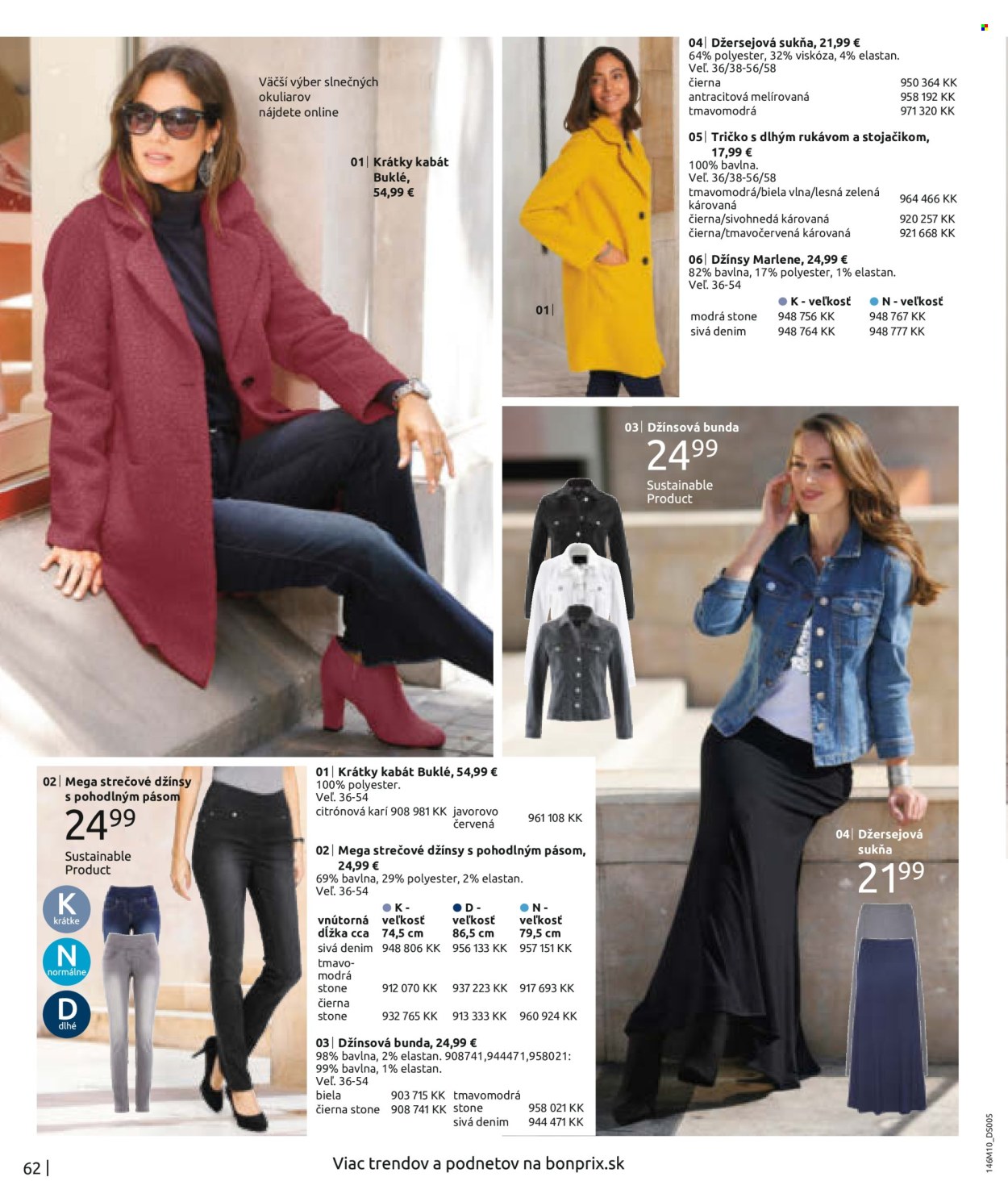Leták Bonprix - 24.10.2022 - 24.4.2023 - Produkty v akcii - bunda, kabát, džínsy, strečové džínsy, nohavice, sukňa, tričko, tričko s dlhým rukávom. Strana 64.