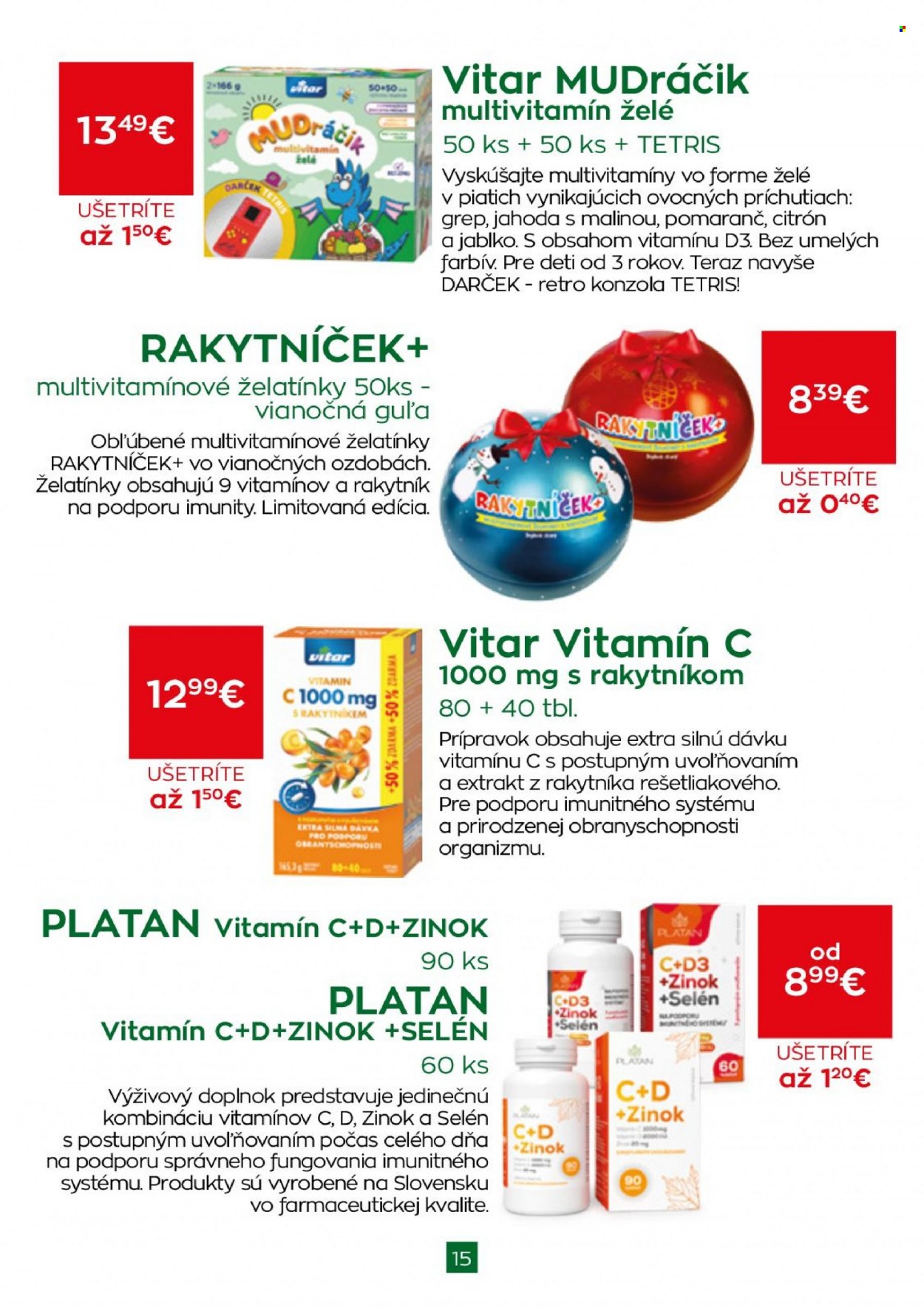 Leták Schneider Lekáreň - 1.11.2022 - 30.11.2022 - Produkty v akcii - multivitamín, vitamín C, výživový doplnok, RAKYTNÍČEK, selén, vitamín. Strana 15.