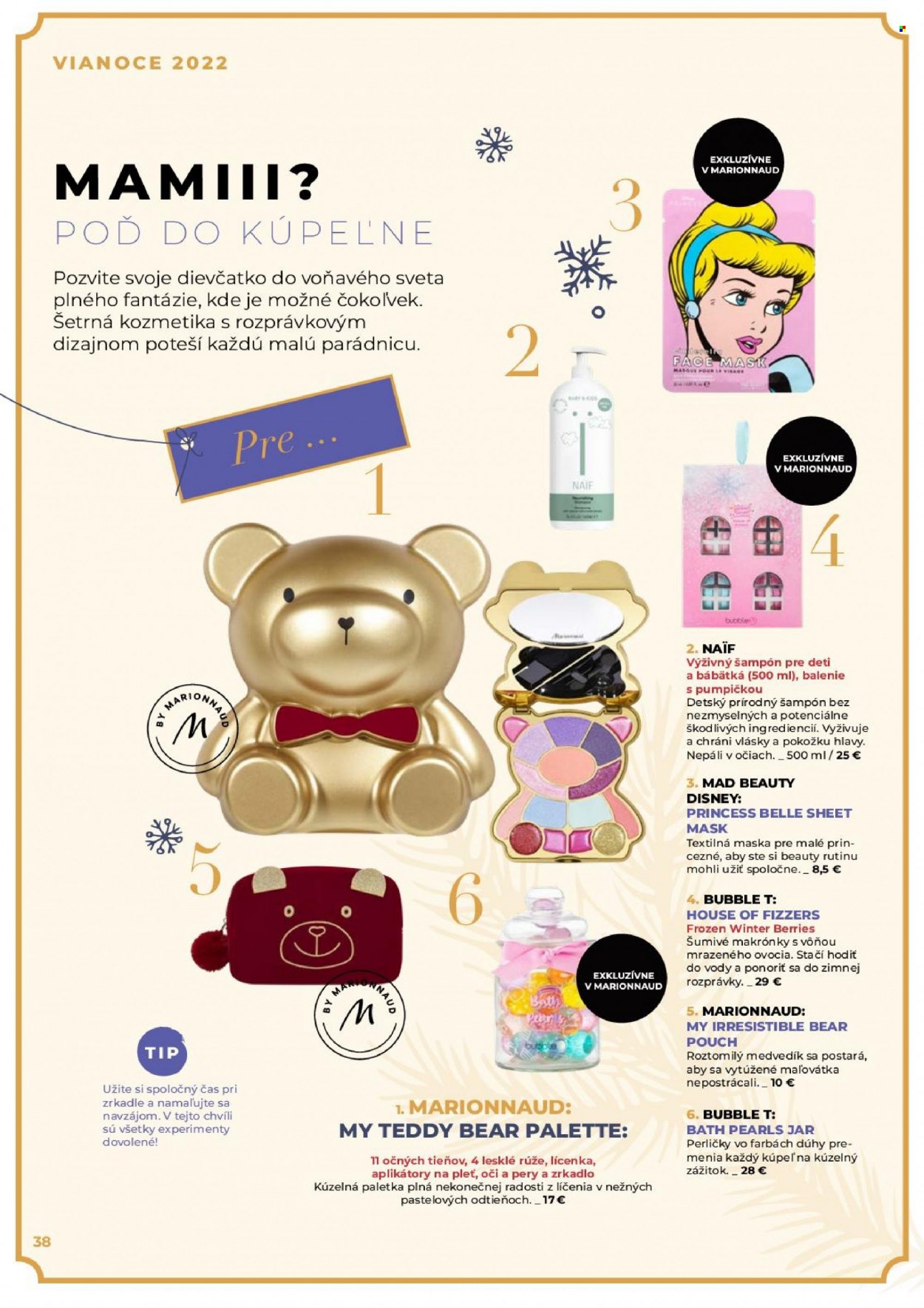 Leták Marionnaud - Produkty v akcii - Disney, šampón, L'adové královstvo, Palette, lícenka. Strana 38.
