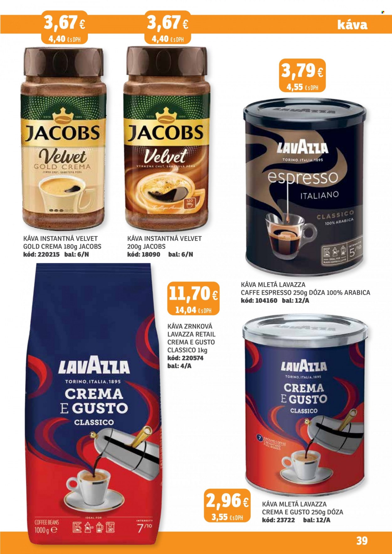 Leták Labaš - 18.11.2022 - 1.12.2022 - Produkty v akcii - Espresso, zrnková káva, instantná káva, Jacobs, káva, Lavazza, Jacobs Velvet, mletá káva. Strana 39.