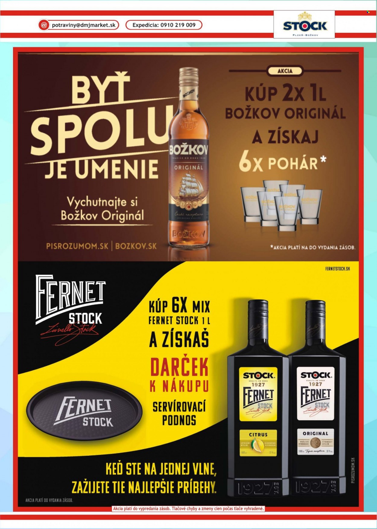 Leták DMJ market - Produkty v akcii - alkohol, Pilsner Urquell, rum, Božkov, bylinný likér, Fernet Stock, Cien. Strana 39.