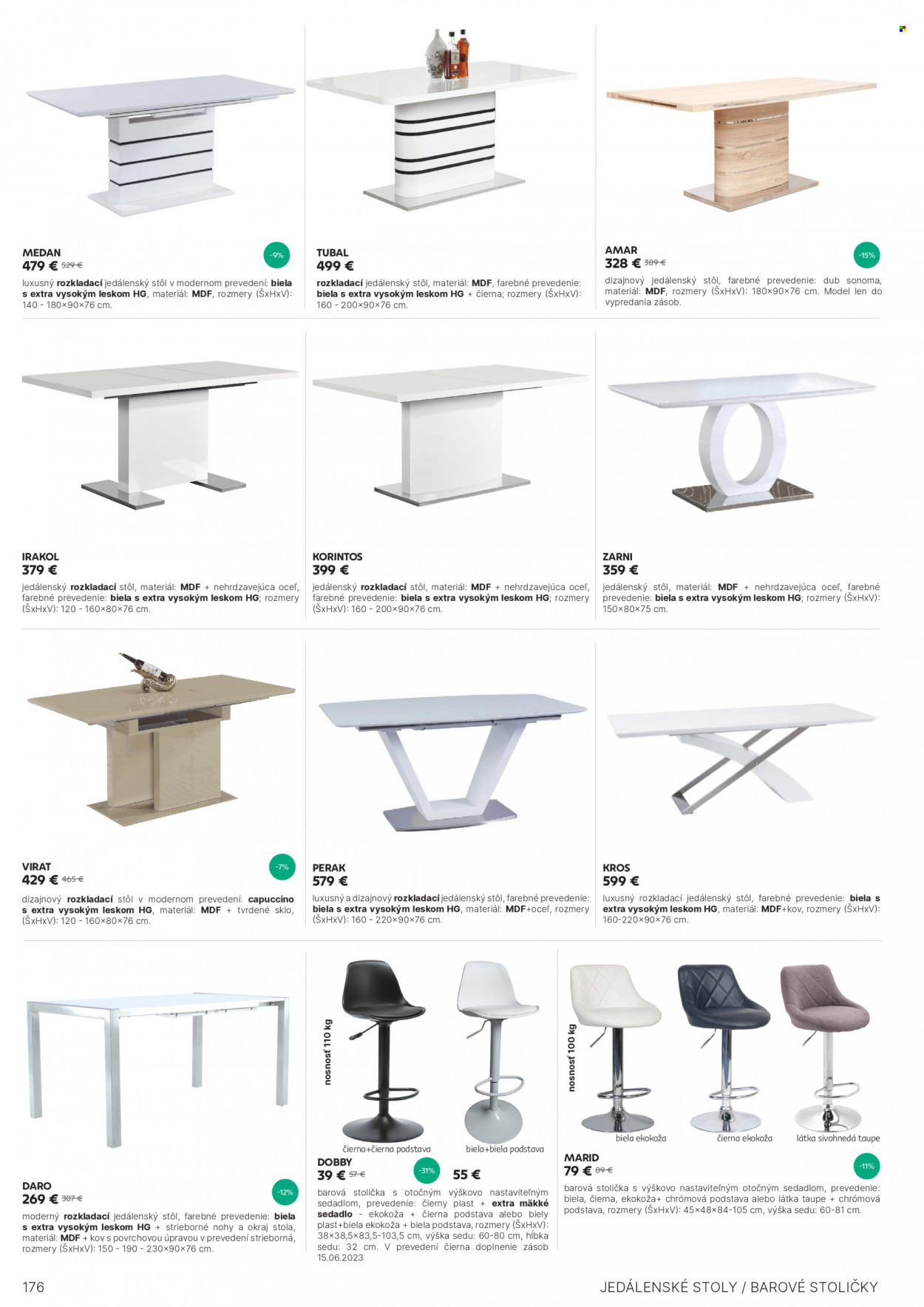 thumbnail - Leták Kondela - Produkty v akcii - jedálenský stôl, stôl, rozkladací stôl, barová stolička, stolička. Strana 176.