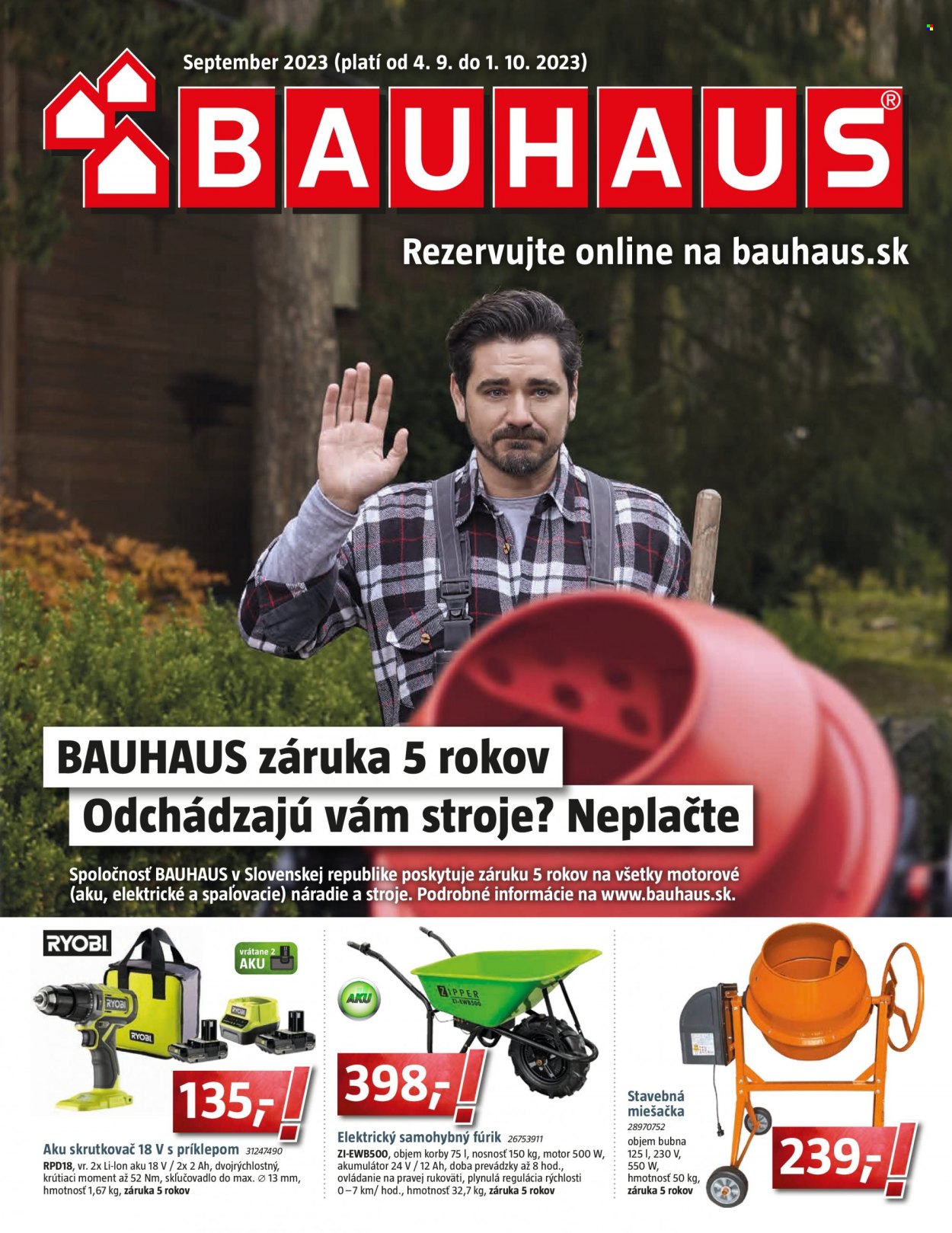 Leták Bauhaus - 4.9.2023 - 1.10.2023 - Produkty v akcii - aku skrutkovač, náradie, stavebná miešačka. Strana 1.