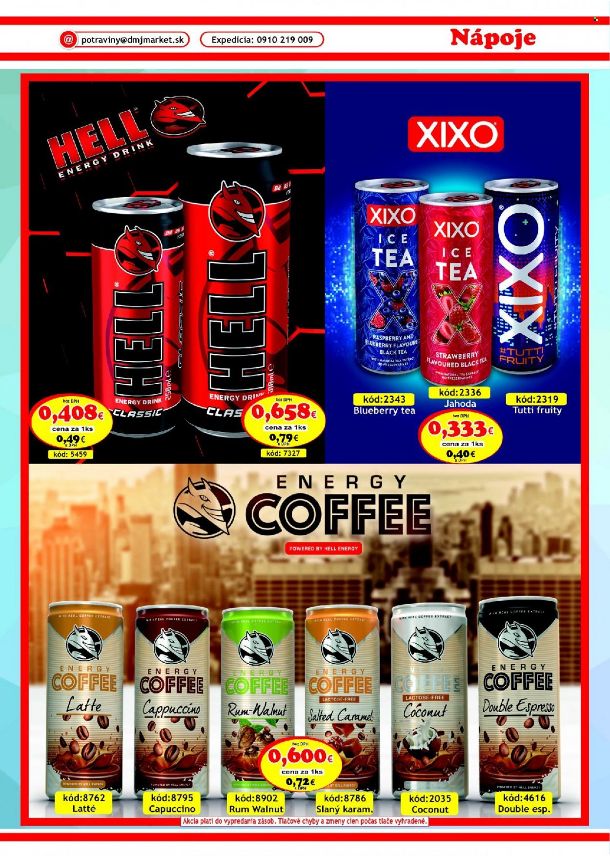 Leták DMJ market - 1.9.2023 - 31.10.2023 - Produkty v akcii - energetický nápoj, Hello, ľadový čaj, Hell, Xixo, ľadová káva, cappuccino, Espresso, alkohol, rum, Cien. Strana 25.