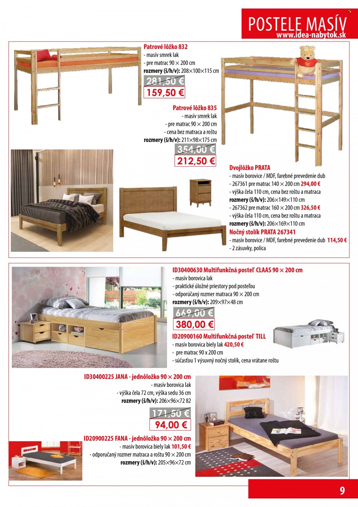 thumbnail - Leták IDEA nábytok - Produkty v akcii - stolík, dvojlôžko, posteľ, jednolôžko, lôžko, nočný stolík. Strana 9.