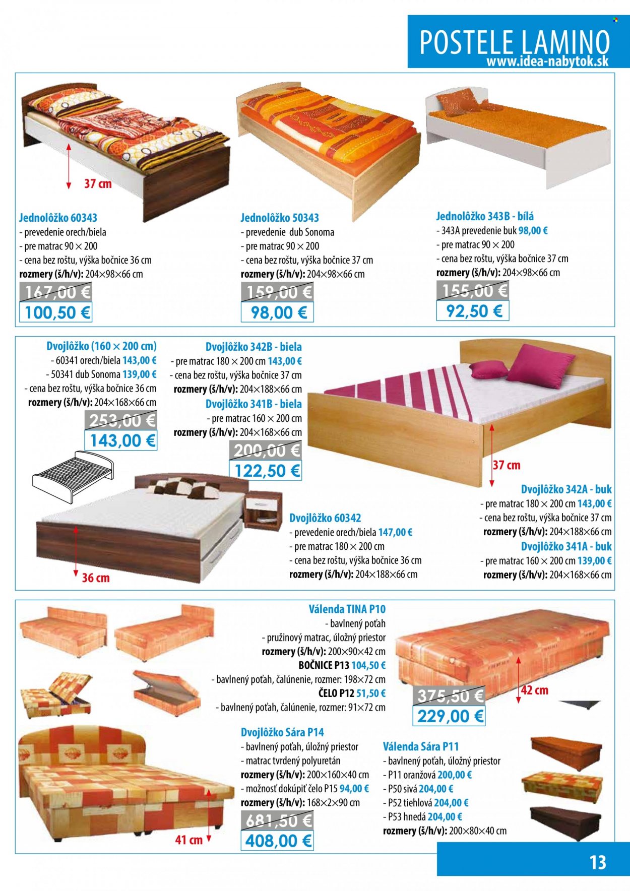 thumbnail - Leták IDEA nábytok - Produkty v akcii - dvojlôžko, jednolôžko, válenda, pružinový matrac. Strana 13.