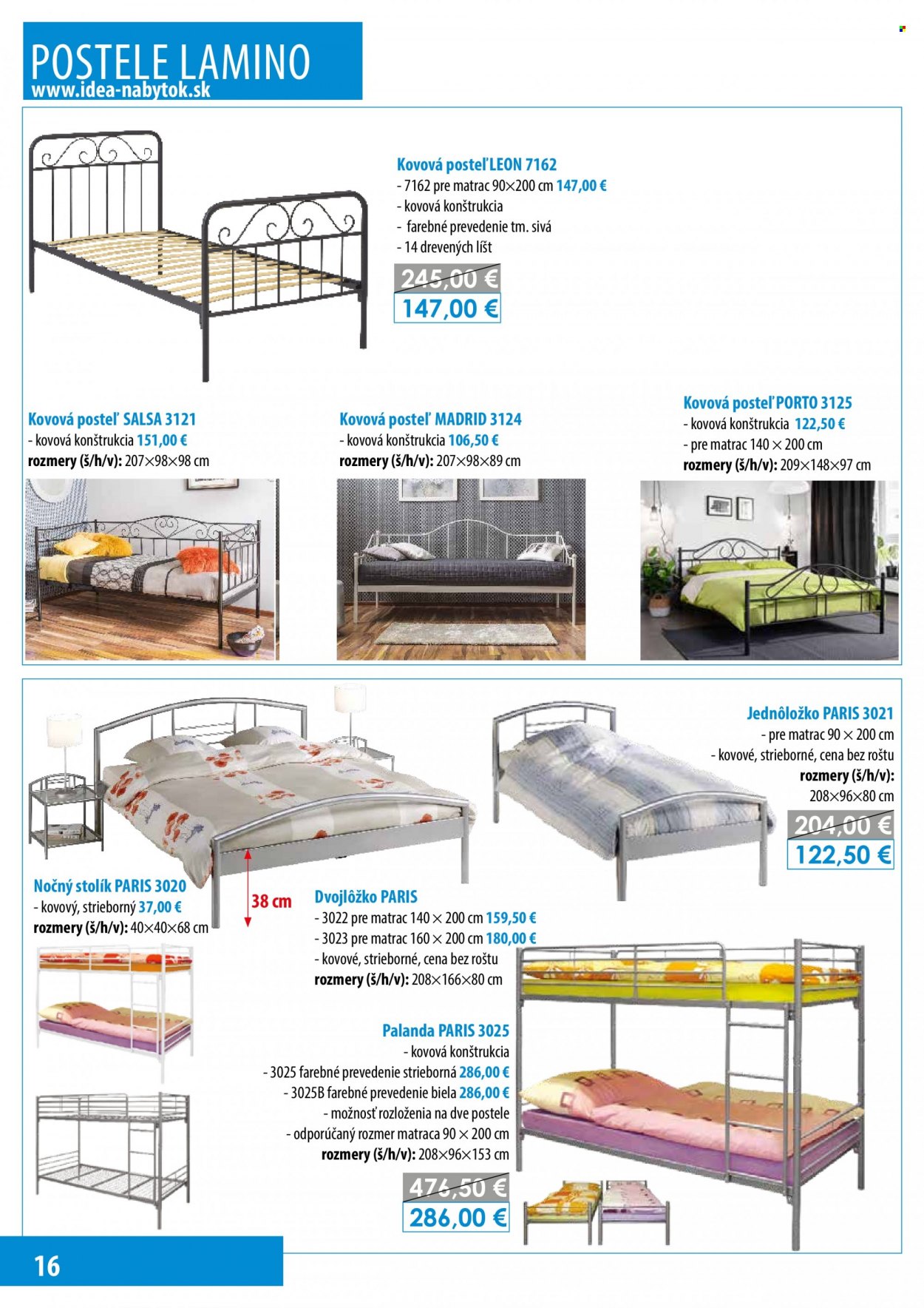 thumbnail - Leták IDEA nábytok - Produkty v akcii - stolík, dvojlôžko, posteľ, jednolôžko, kovová posteľ, nočný stolík, palanda. Strana 16.