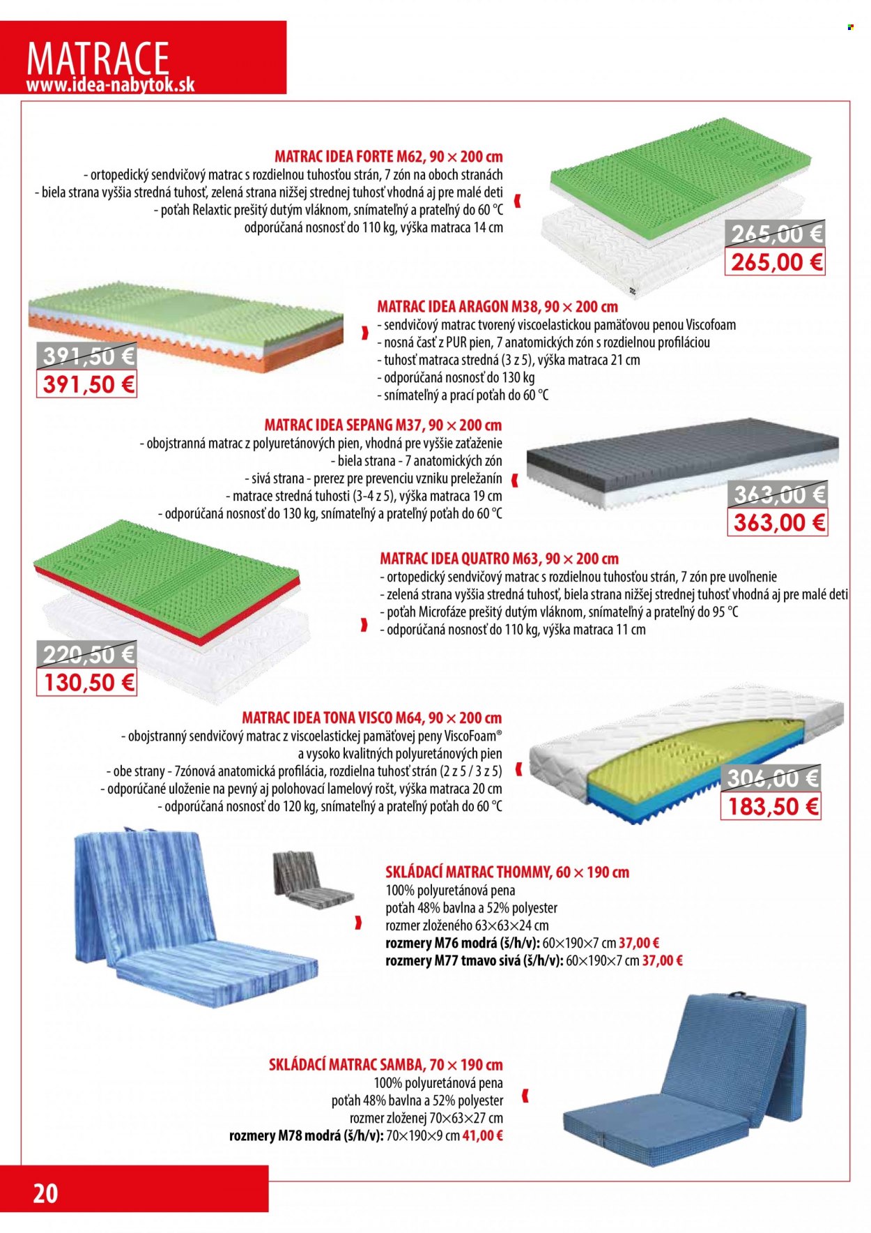 thumbnail - Leták IDEA nábytok - Produkty v akcii - skladací matrac, matrac, sendvičový matrac. Strana 20.