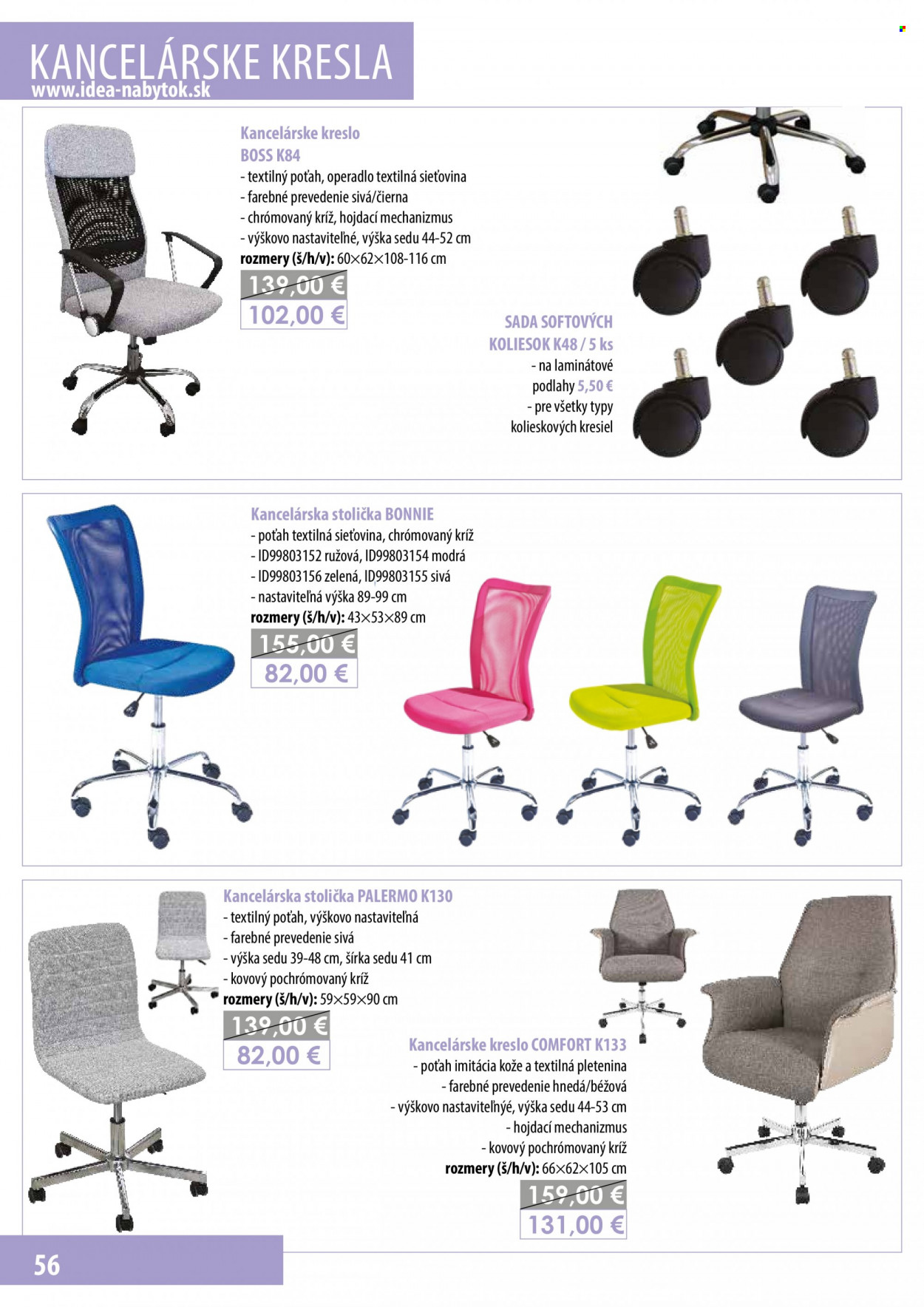 thumbnail - Leták IDEA nábytok - Produkty v akcii - stolička, kreslo, kancelárska stolička, kancelárske kreslo. Strana 56.