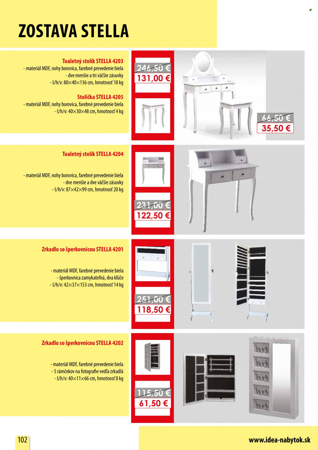 thumbnail - Leták IDEA nábytok - Produkty v akcii - stolička, stolík, toaletný stolík, šperkovnica. Strana 102.