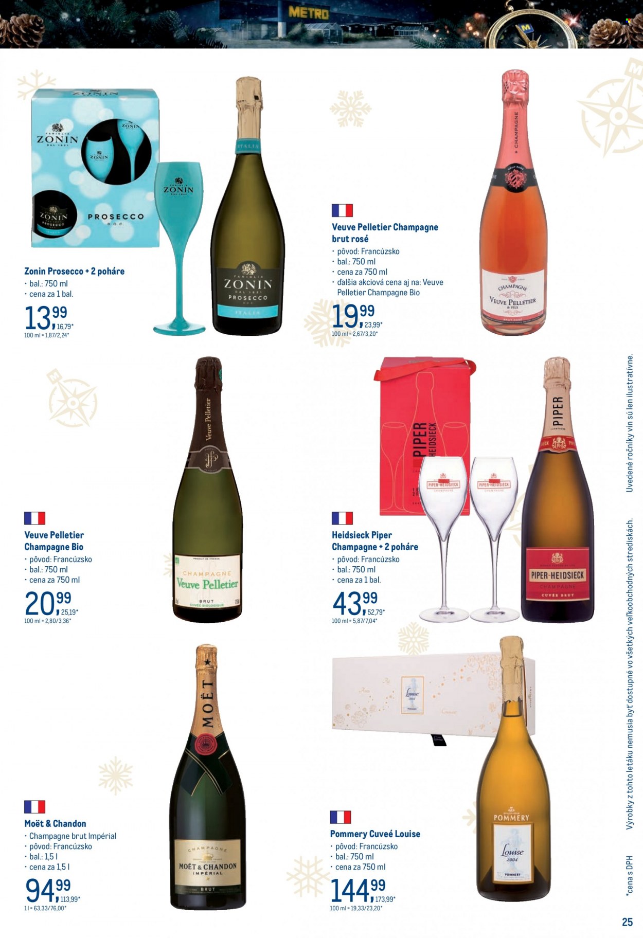 Leták Metro - 22.11.2023 - 2.1.2024 - Produkty v akcii - darčekové balenie, šumivé víno, Prosecco, víno, Moët & Chandon, šampanské víno, alkohol, Cuvée. Strana 25.