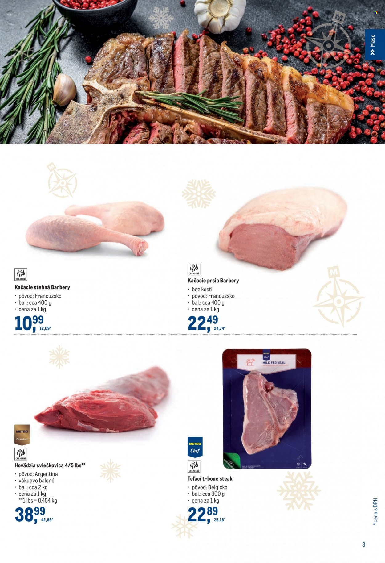 Leták Metro - 22.11.2023 - 2.1.2024 - Produkty v akcii - kačacie prsia, kačacie stehná, kačacie mäso, telacie mäso, hovädzie mäso, hovädzia sviečkovica, t-bone steak, Metro  Chef. Strana 3.
