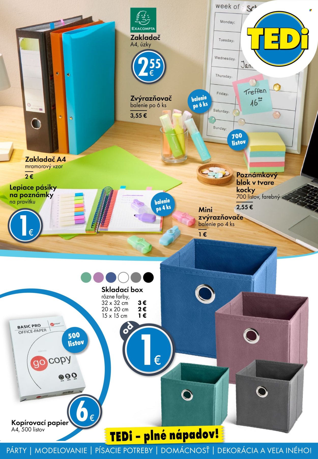 thumbnail - Leták TEDi - Produkty v akcii - skladací box, poznámkový blok, písacie potreby, kancelársky papier, pákový zakladač, zvýrazňovač, dekorácie. Strana 21.