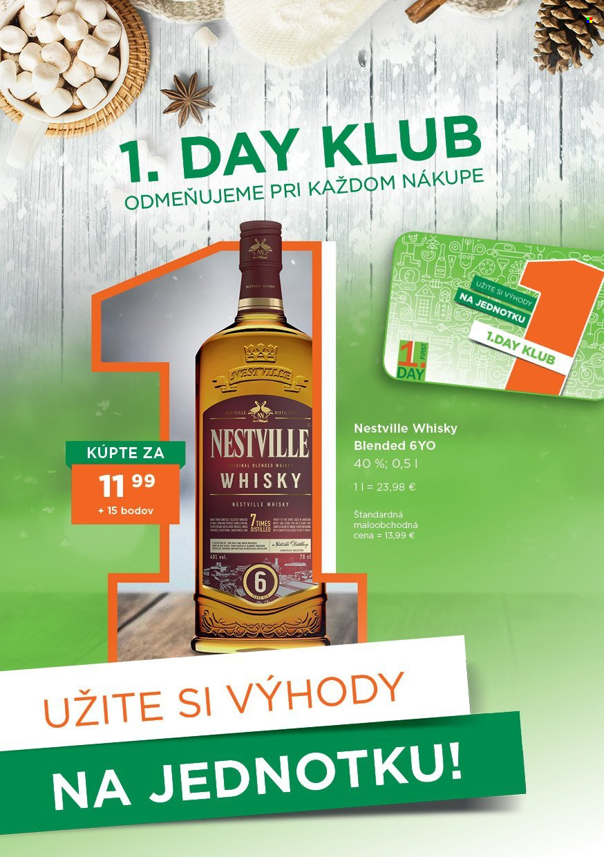 thumbnail - Leták 1Day - 1.2.2024 - 30.4.2024 - Produkty v akcii - alkohol, whisky, Nestville. Strana 1.