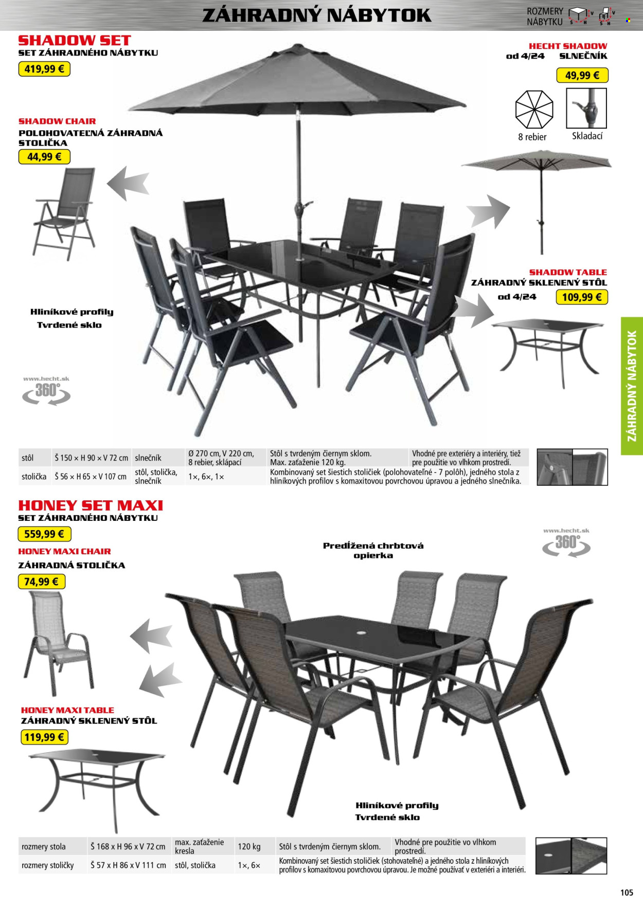thumbnail - Leták Hecht - 19.2.2024 - 28.2.2025 - Produkty v akcii - Hecht, zahradný nábytok, stôl, stolička, kreslo, záhradná stolička, slnečník. Strana 105.