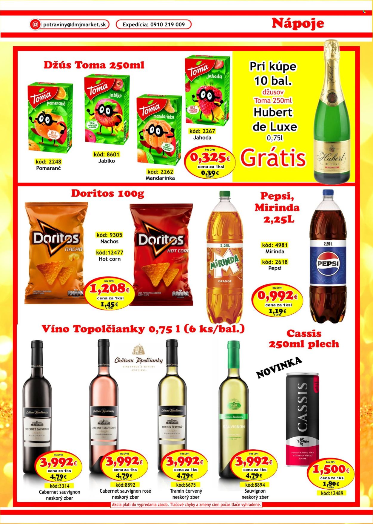 thumbnail - Leták DMJ market - 1.3.2024 - 30.4.2024 - Produkty v akcii - jablká, mandarínky, pomaranče, chipsy, chilli omáčka, džús, Pepsi, limonáda, nápoj, Mirinda, Toma, kolový nápoj, šumivé víno, Chateau Topolčianky, sekt, biele víno, Hubert de Luxe, Tramín červený, víno, Cabernet Sauvignon, ružové víno, alkohol, Hubert, Cien. Strana 29.