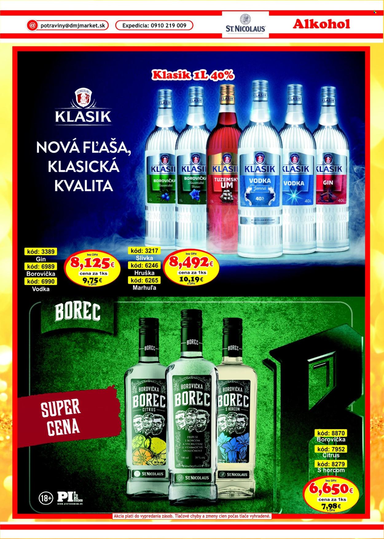 thumbnail - Leták DMJ market - 1.3.2024 - 30.4.2024 - Produkty v akcii - hrušky, víno, alkohol, borovička, slivovica, vodka, gin, St. Nicolaus, Horec, Borec, Cien. Strana 45.