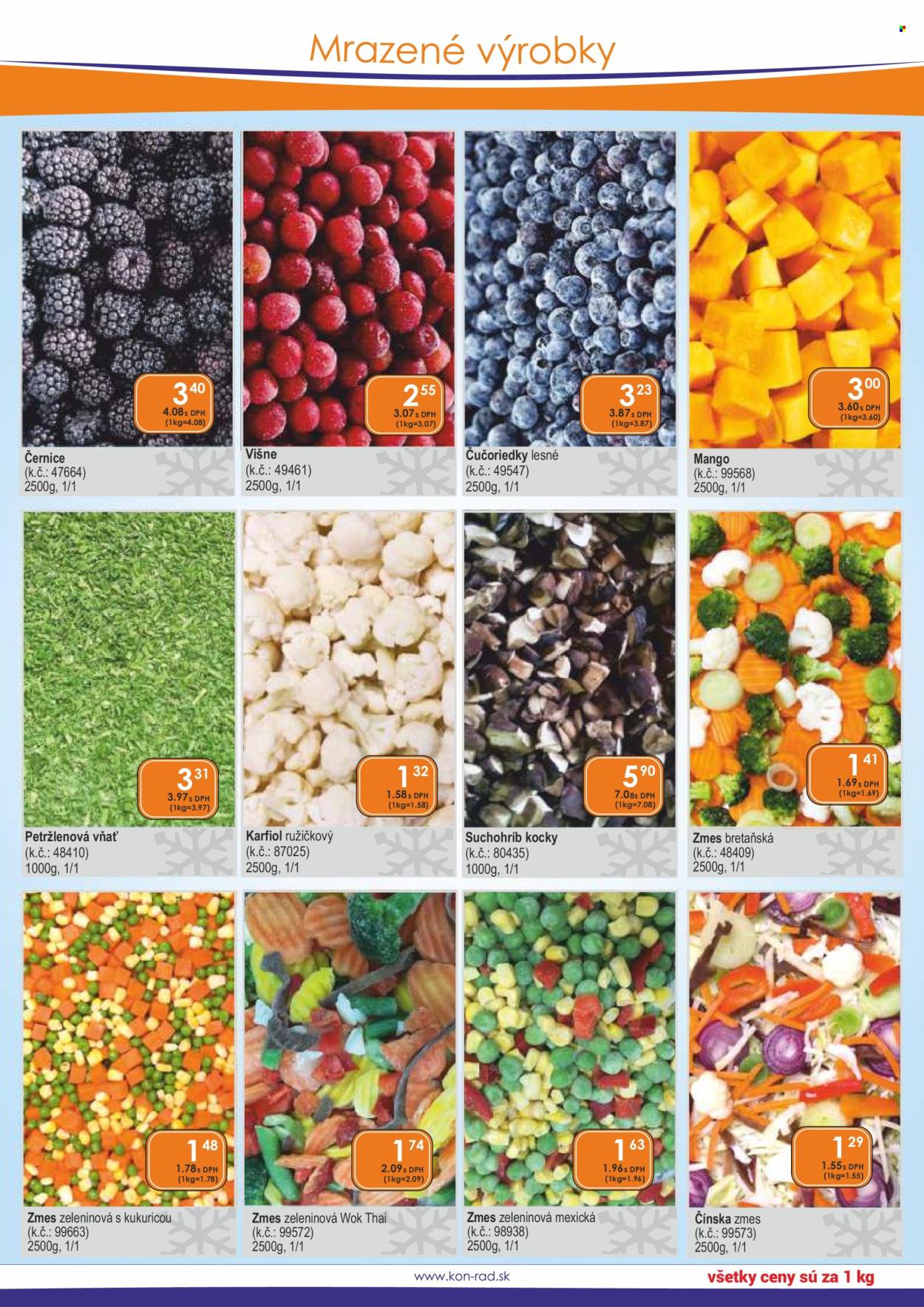 thumbnail - Leták KON-RAD - 1.4.2024 - 30.4.2024 - Produkty v akcii - petržlenová vňať, karfiol, čučoriedky, mango, višne, černice, zeleninová zmes, čínska zmes, Bretaňská zmes. Strana 13.