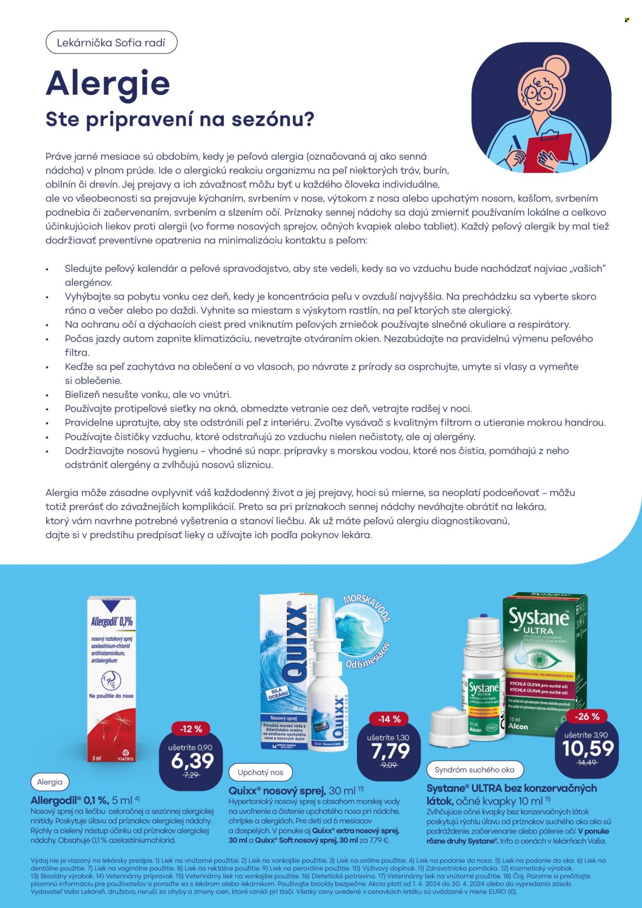 thumbnail - Leták Vaša lekáreň - 1.4.2024 - 30.4.2024 - Produkty v akcii - Quixx, Systane, výživový doplnok, nosový sprej, liek na alergiu, očné kvapky. Strana 6.