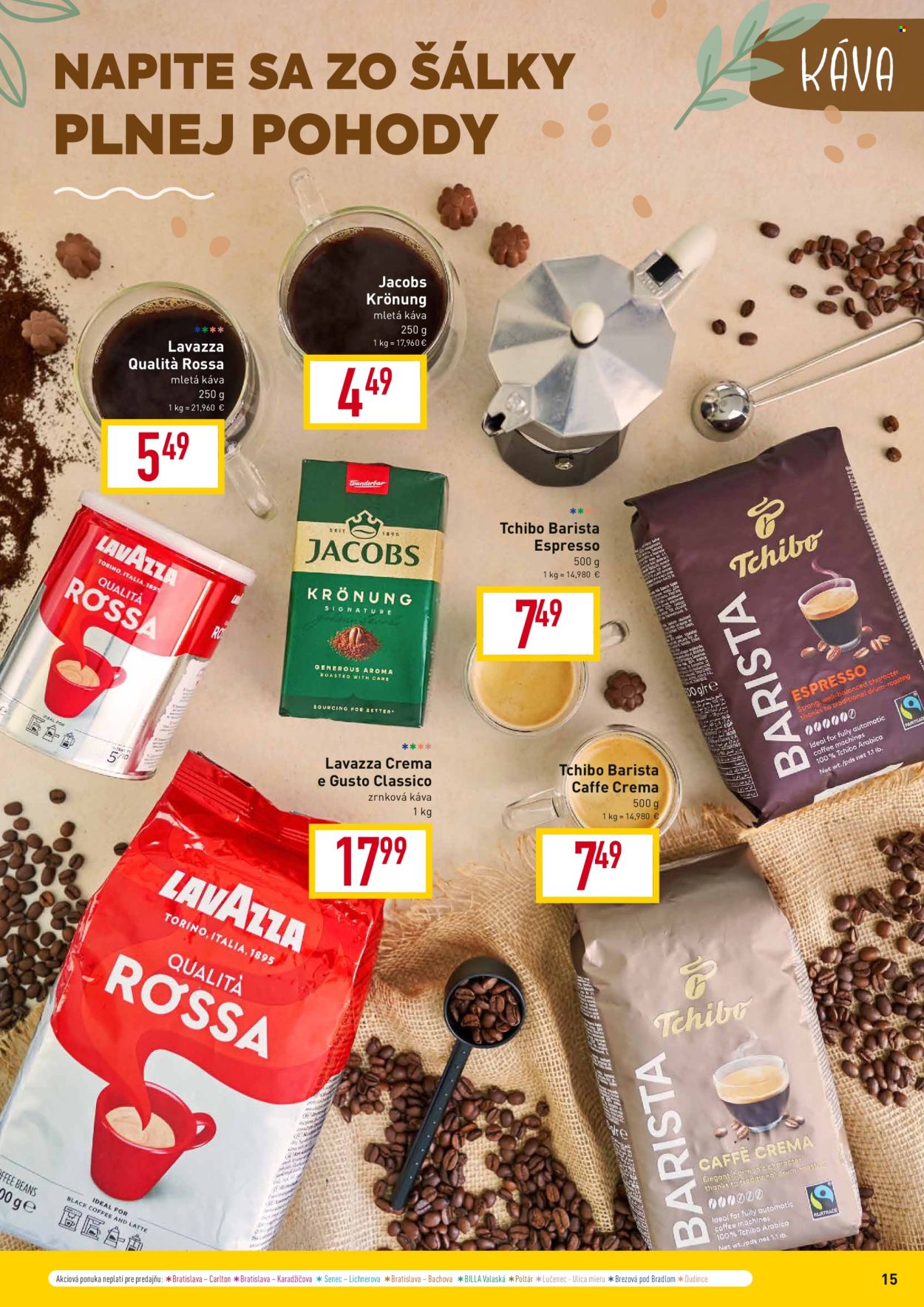 thumbnail - Leták Billa - 3.4.2024 - 30.4.2024 - Produkty v akcii - Tchibo, Valaška, Espresso, zrnková káva, Jacobs, káva, Lavazza, mletá káva, Barista, šálek. Strana 15.