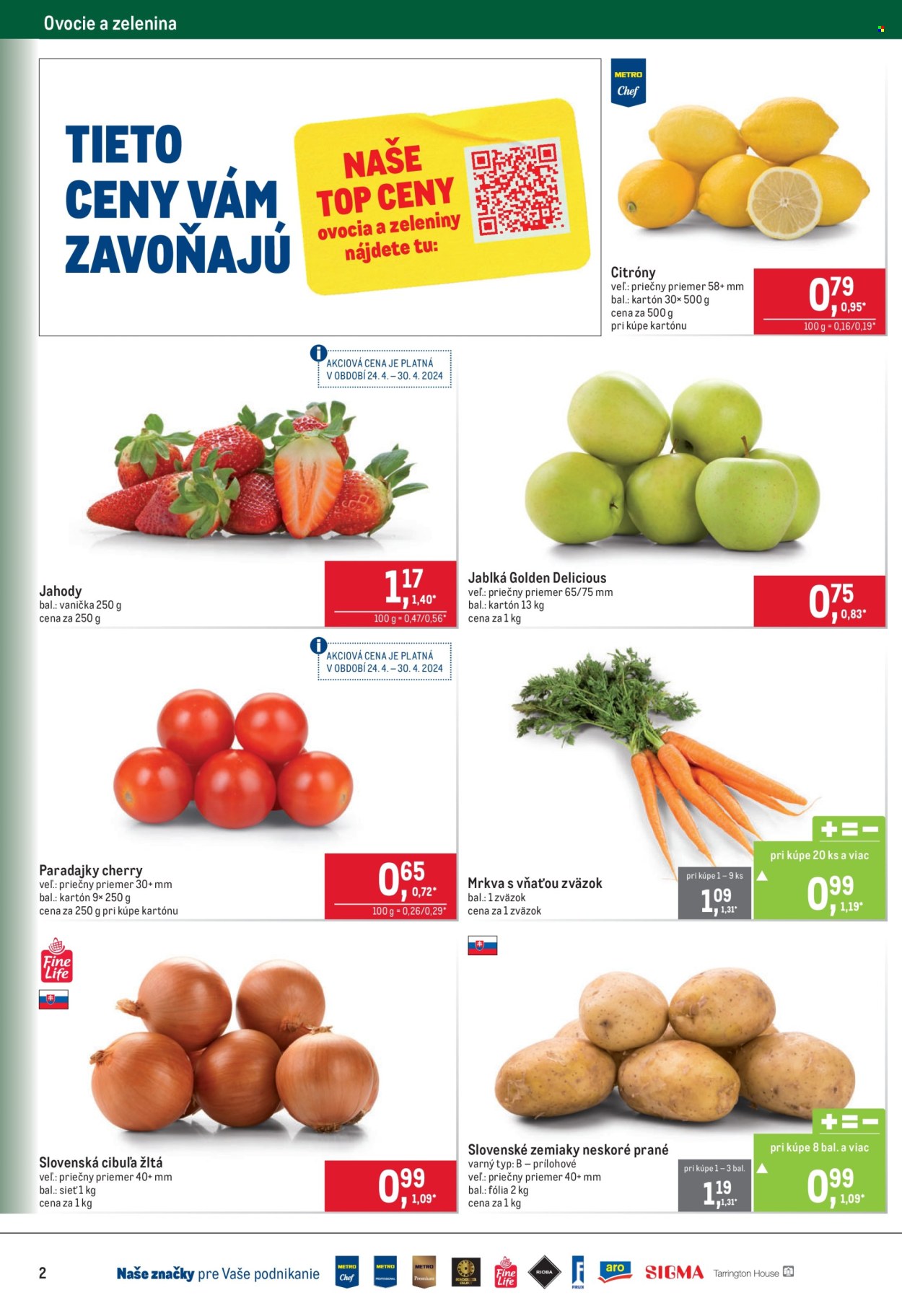 thumbnail - Leták Metro - 24.4.2024 - 7.5.2024 - Produkty v akcii - paradajky, zemiaky, koreňová zelenina, mrkva, cibuľa, koktejlové paradajky, cibuľa žltá, citróny, jablká, jahody, Golden Delicious, tielko, top. Strana 2.
