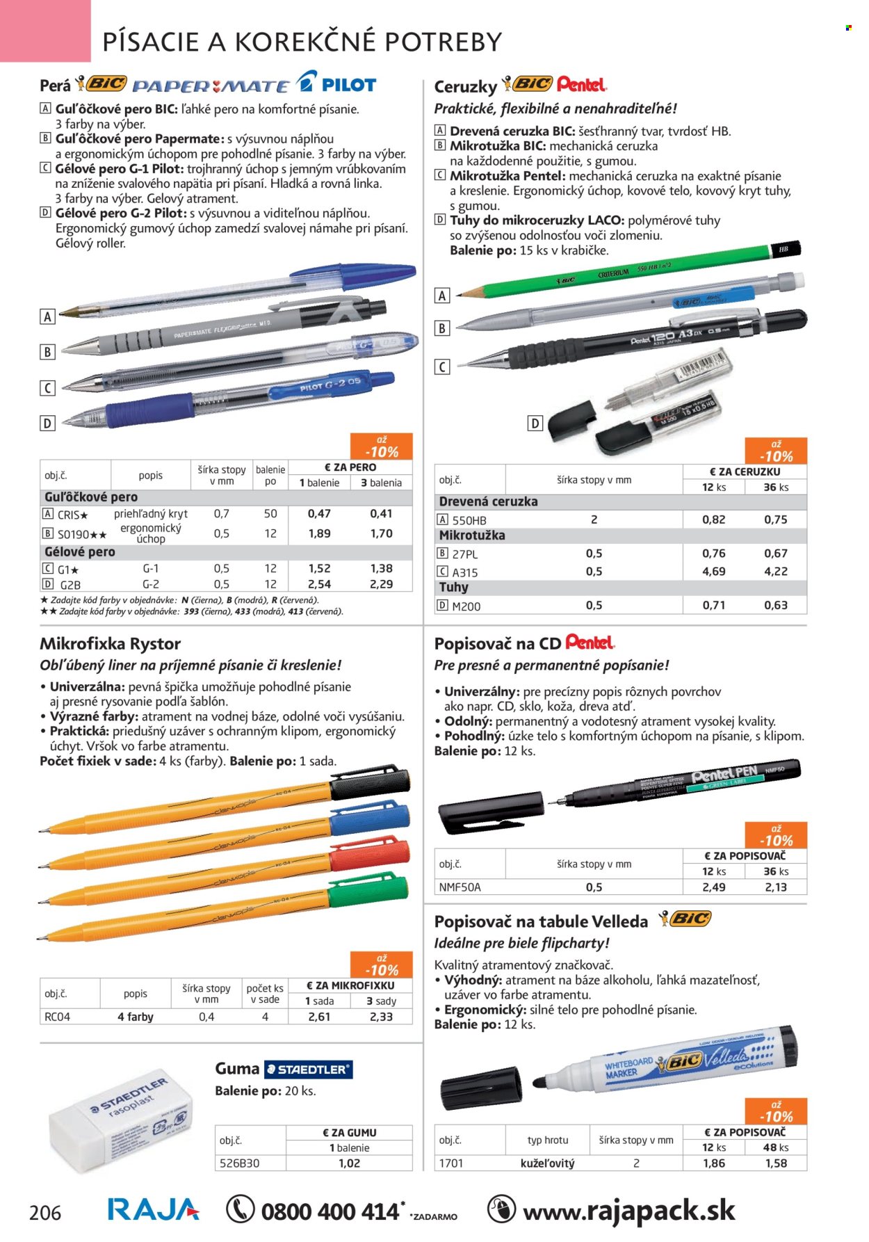 thumbnail - Leták RAJA - Produkty v akcii - ceruzka, gelové pero, tabuľa, písacie potreby, fixy, Pilot, guľôčkové pero, značkovač, popisovač, pero. Strana 226.
