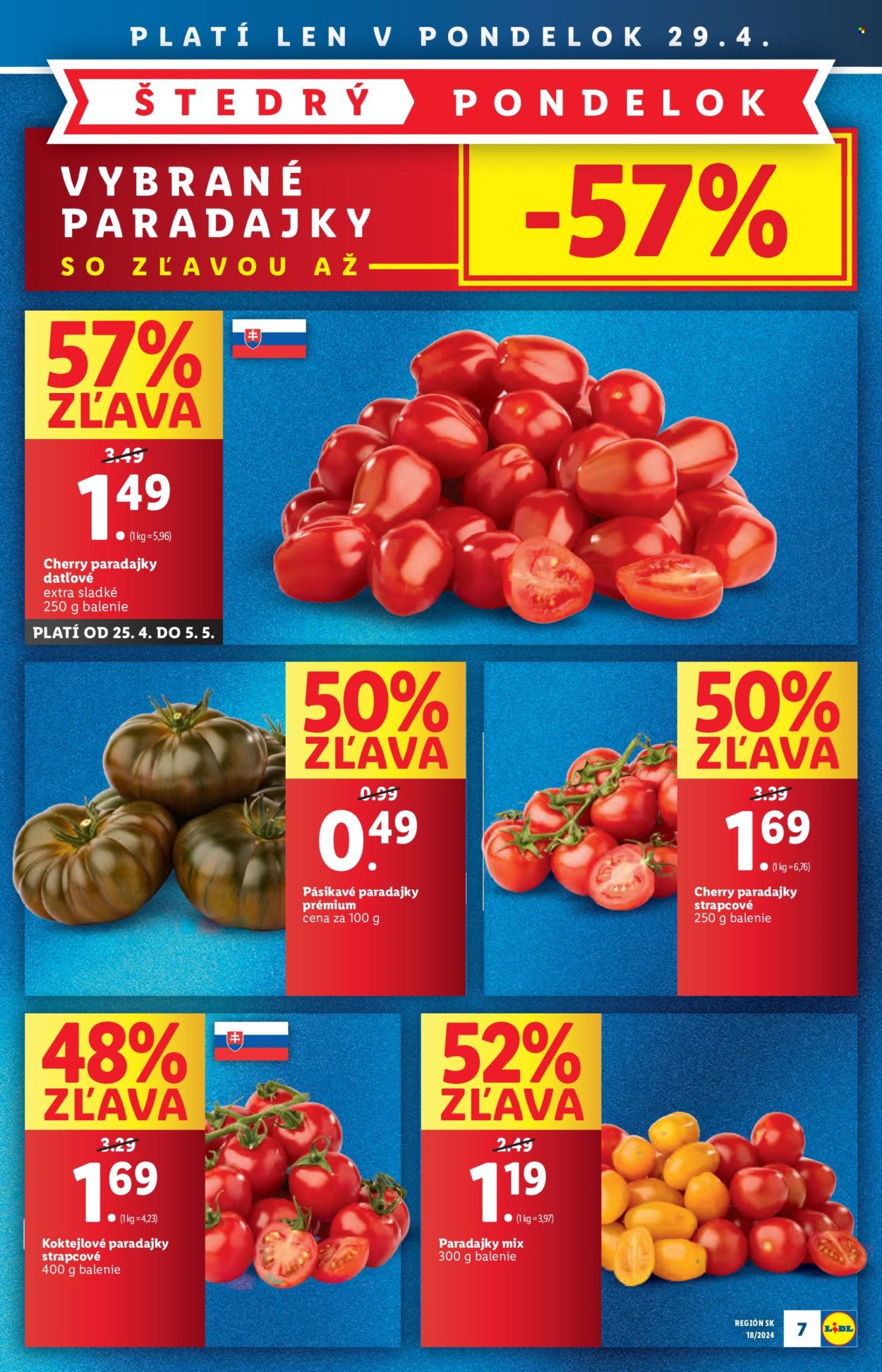 thumbnail - Leták Lidl - 29.4.2024 - 5.5.2024 - Produkty v akcii - paradajky, koktejlové paradajky. Strana 7.