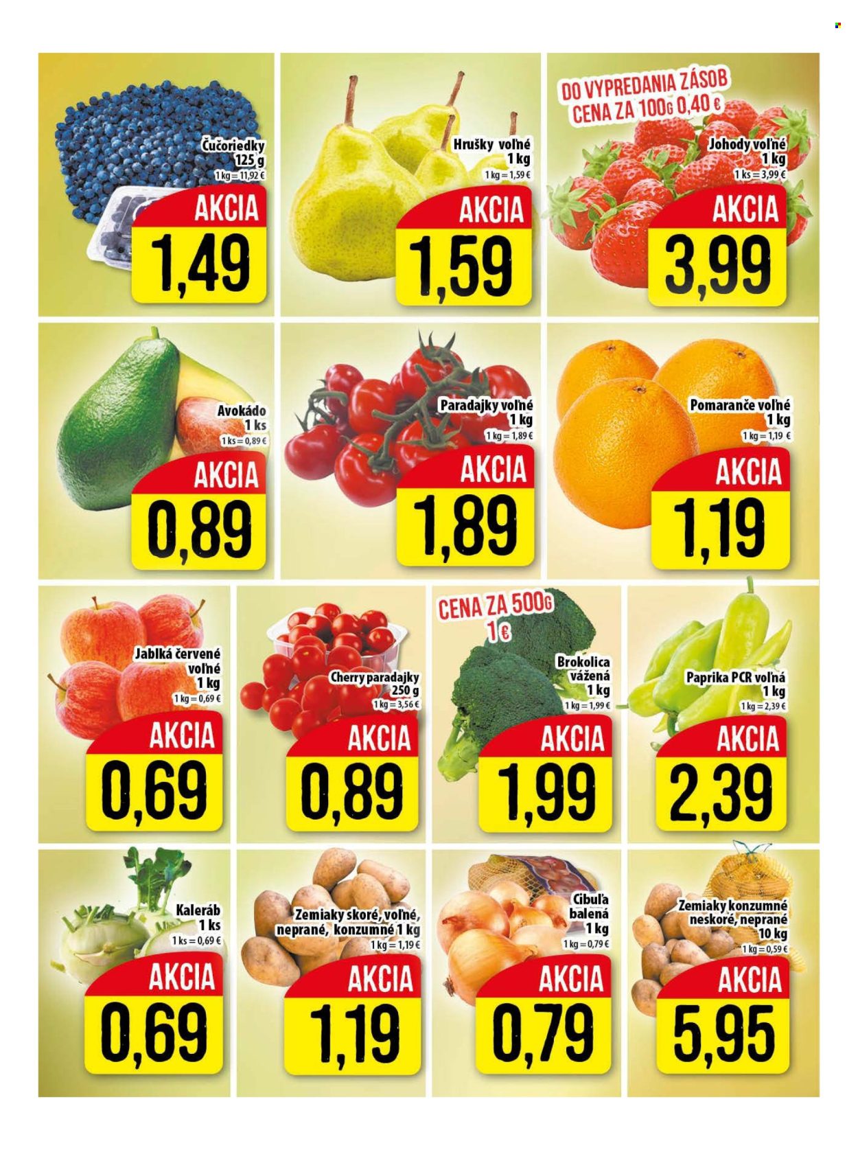 thumbnail - Leták Klas - 29.4.2024 - 5.5.2024 - Produkty v akcii - paprika, paradajky, zemiaky, brokolica, kaleráb, cibuľa, koktejlové paradajky, hrušky, jablká, pomaranče, čučoriedky, avokádo, červené jablká. Strana 5.