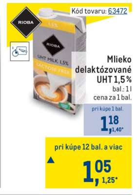 Mlieko delaktózované UHT 1,5 %