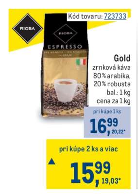 Gold zrnková káva 80% arabika, 20% robusta