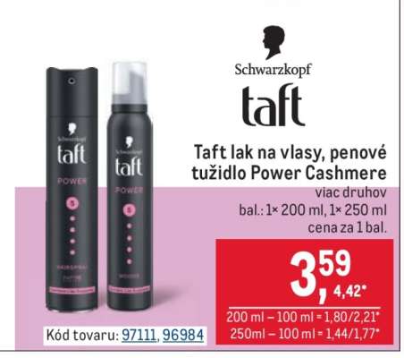 Taft lak na vlasy, penové tužidlo Power Cashmere