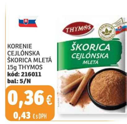 Korenie Cejlónska Škorica Mletá 15g Thymos