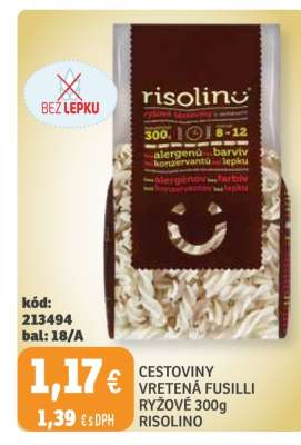 CESTOVINY VRETENÁ FUSILLI RÝŽOVÉ 300g RISOLINO
