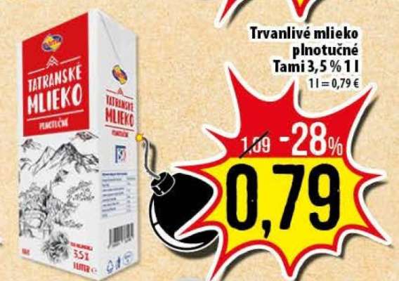 Trvanlivé mlieko plnotučné Tami 3,5%