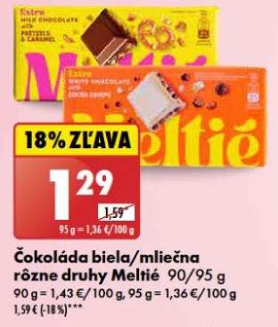 Čokoláda biela/mliečna rôzne druhy Meltié 90/95 g