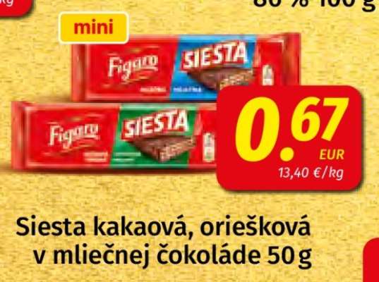 Siesta kakaová, oriešková v mliečnej čokoláde 50 g