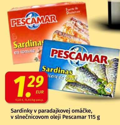 Sardinky v paradajkovej omáčke, v slnečnicovom oleji Pescamar 115 g