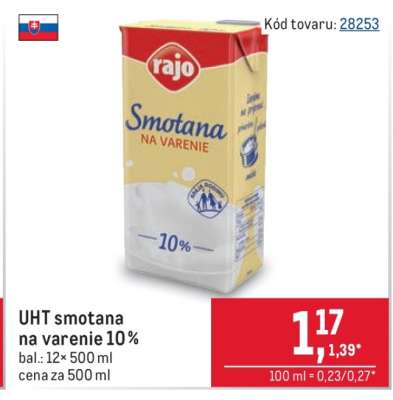 UHT smotana na varenie 10 %