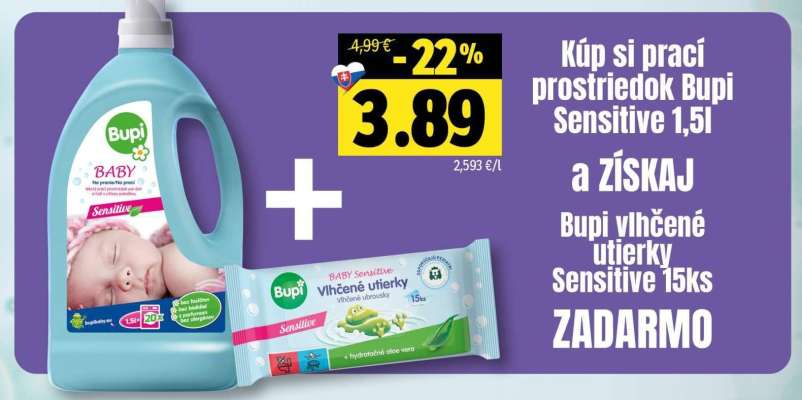 Bupi Sensitive 1,5l + Bupi vlhčené utierky Sensitive 15ks