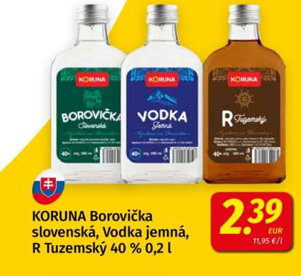 KORUNA Borovička slovenská, Vodka jemná, R Tuzemský 40% 0,2 l