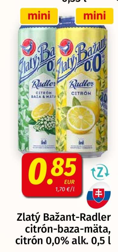 Zlatý Bažant-Radler citrón-baza-mäta, citrón 0,0% alk. 0,5 l