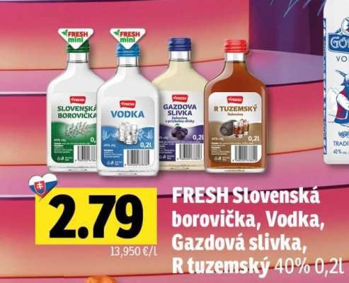 FRESH Slovenská borovička, Vodka, Gazdová slivka, R tuzemský 40% 0,2l