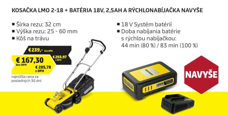 KOSAČKA LMO 2-18 + BATÉRIA 18V, 2,5AH A RÝCHLONABÍJAČKA NAVYŠE